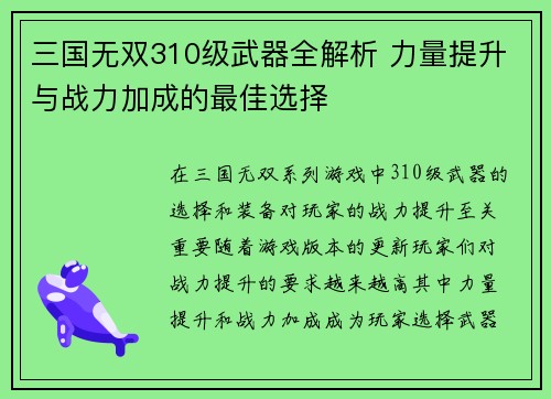 三国无双310级武器全解析 力量提升与战力加成的最佳选择